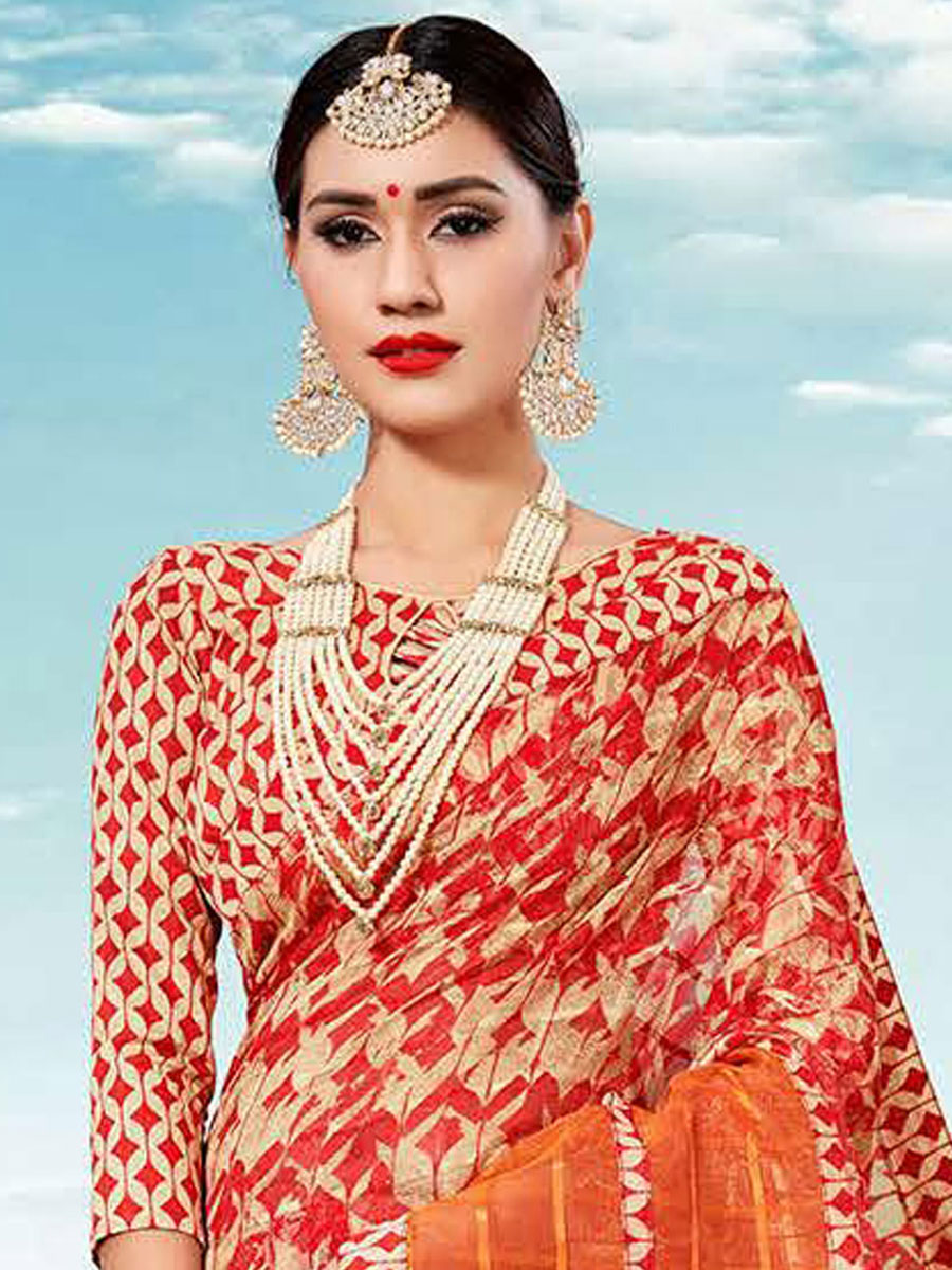 Persimmon Red and Beige Yellow Kota Printed Festival Saree