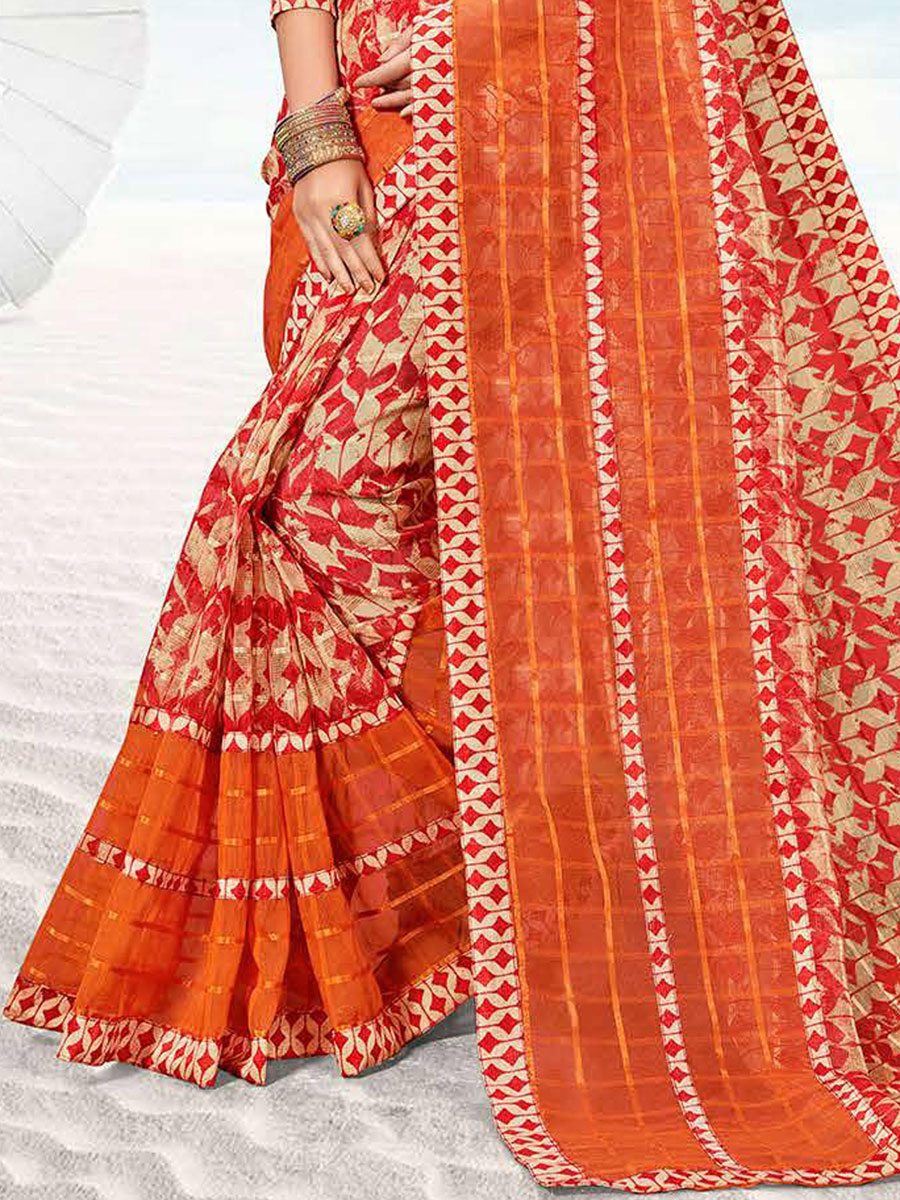 Persimmon Red and Beige Yellow Kota Printed Festival Saree