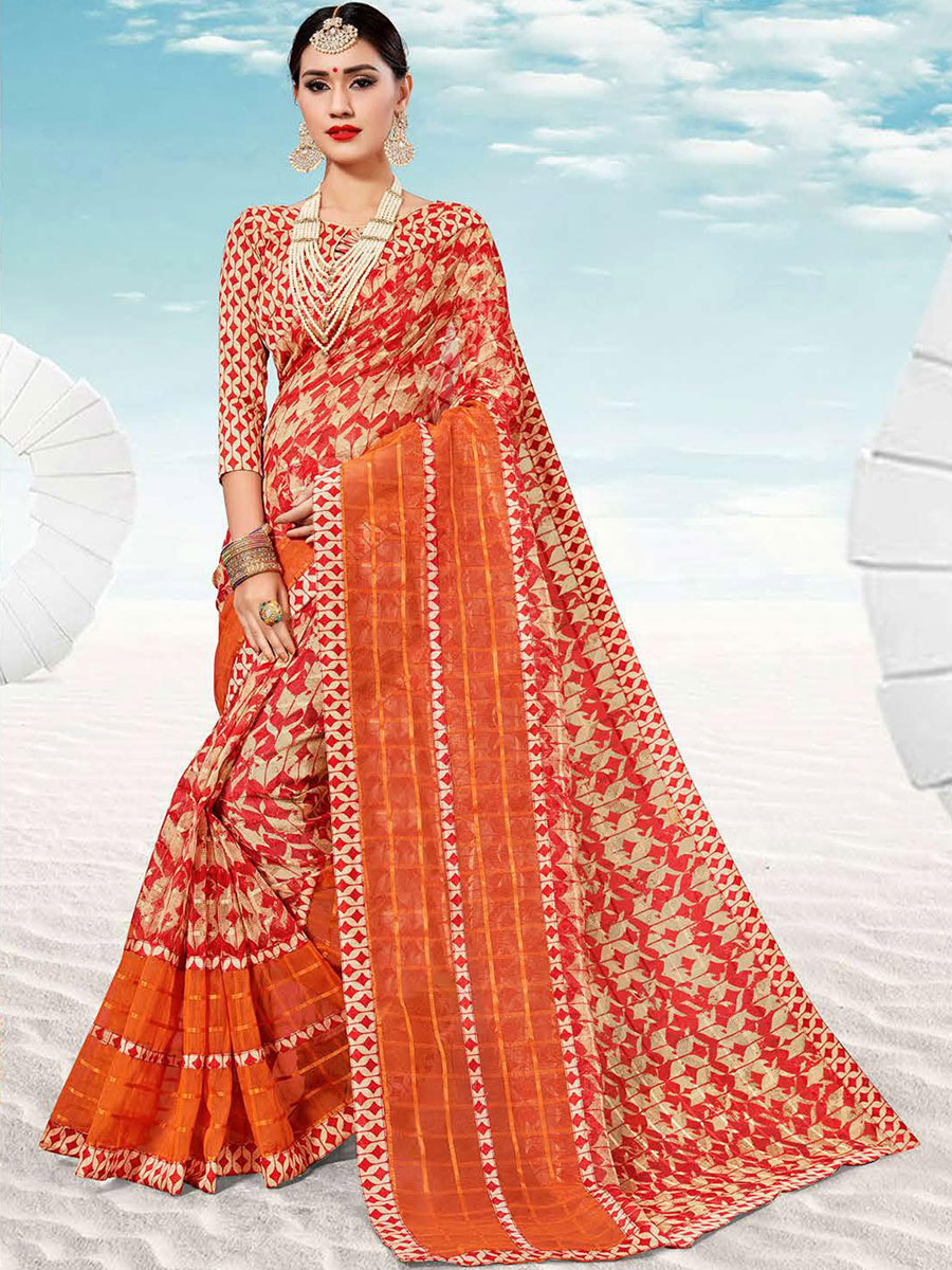Persimmon Red and Beige Yellow Kota Printed Festival Saree