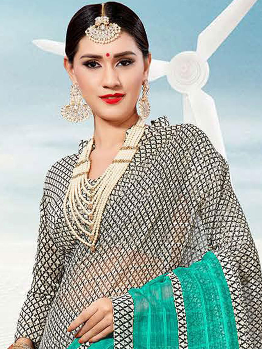 Black and Jungle Green Kota Printed Festival Saree