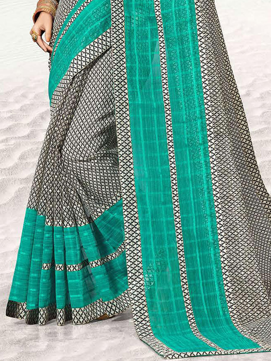 Black and Jungle Green Kota Printed Festival Saree
