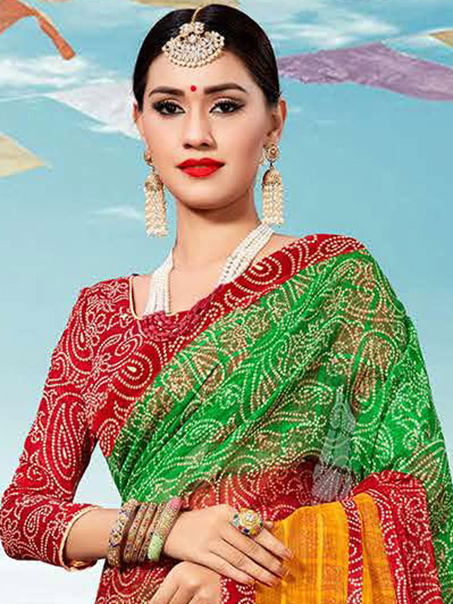 Venetian Red and Dark Green Kota Printed Festival Saree