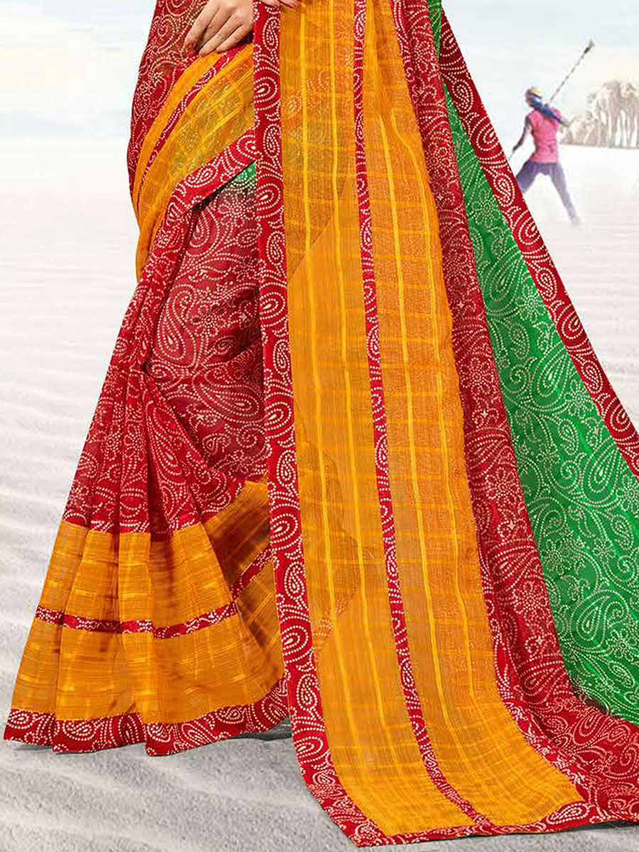 Venetian Red and Dark Green Kota Printed Festival Saree
