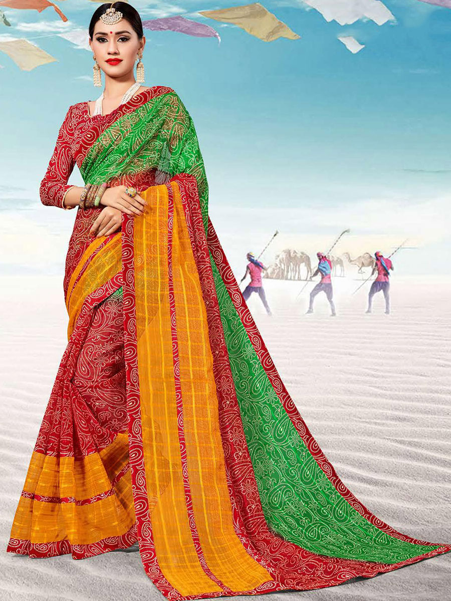 Venetian Red and Dark Green Kota Printed Festival Saree