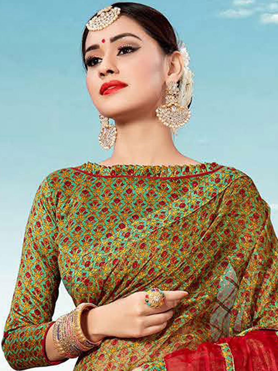 Venetian Red and Army Green Kota Printed Festival Saree