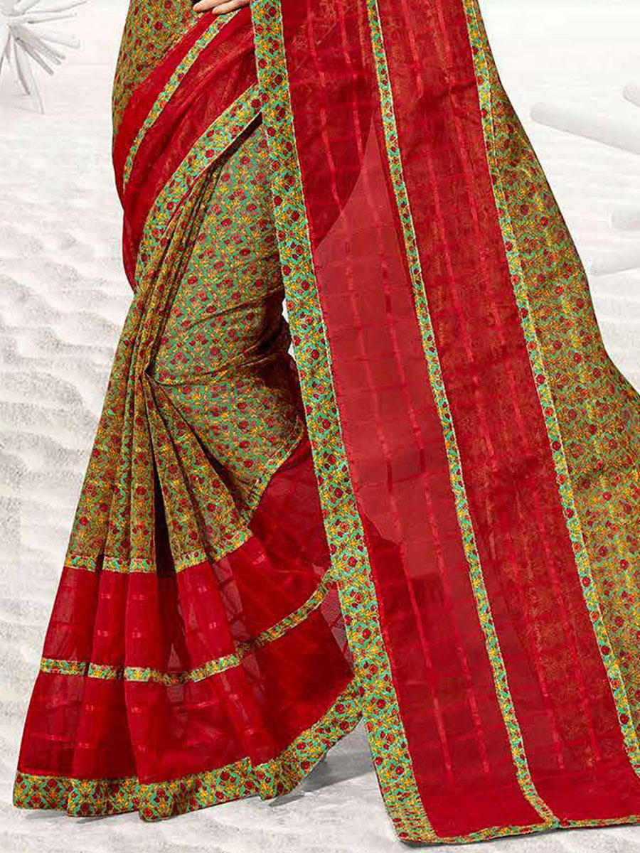 Venetian Red and Army Green Kota Printed Festival Saree