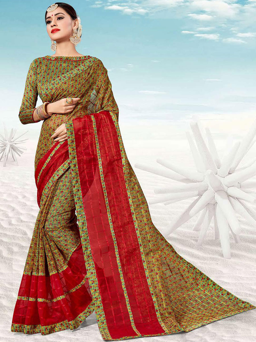 Venetian Red and Army Green Kota Printed Festival Saree