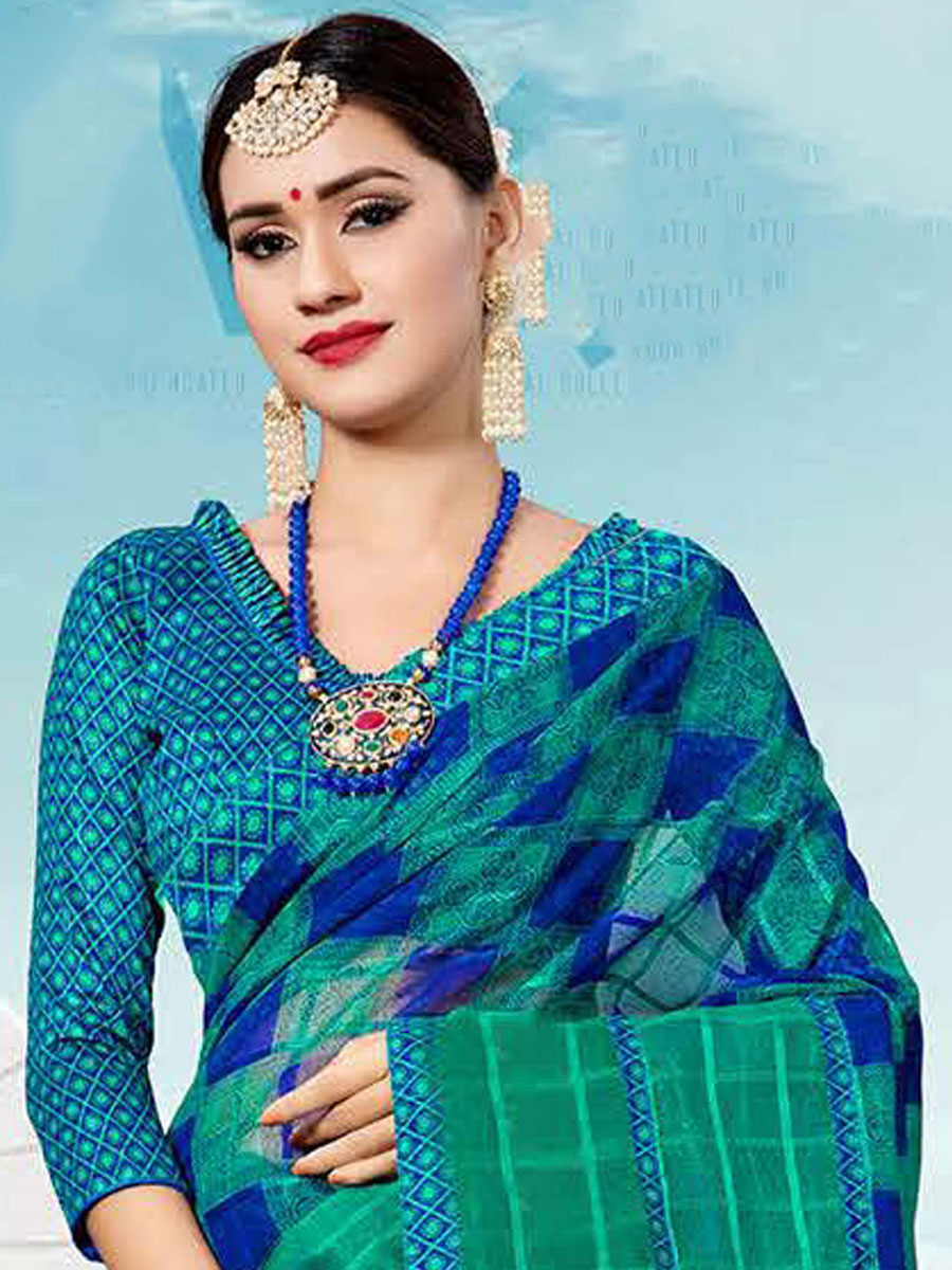 Persian Green and Dark Blue Kota Printed Festival Saree