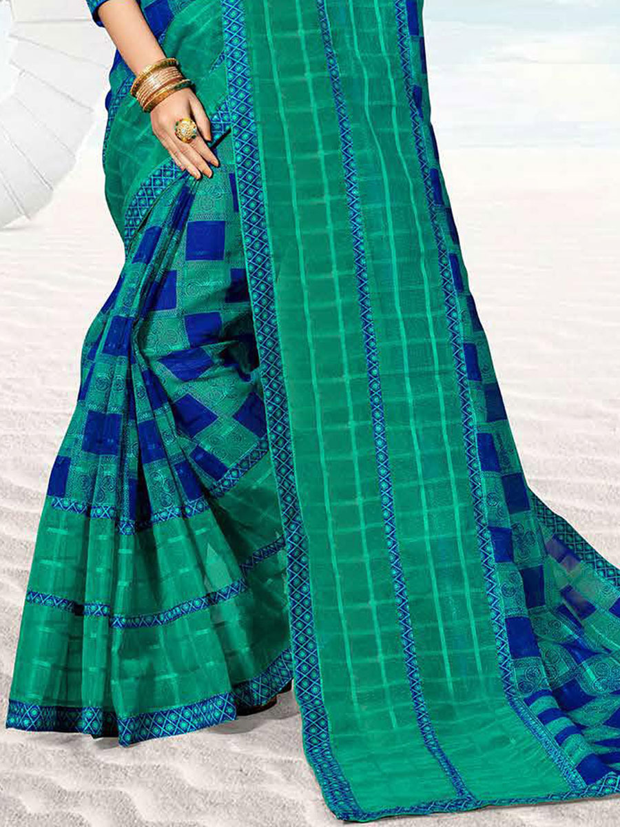 Persian Green and Dark Blue Kota Printed Festival Saree
