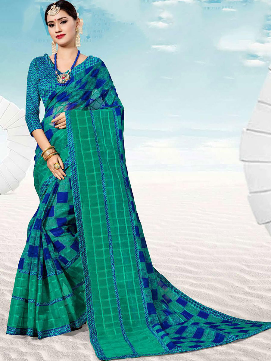 Persian Green and Dark Blue Kota Printed Festival Saree