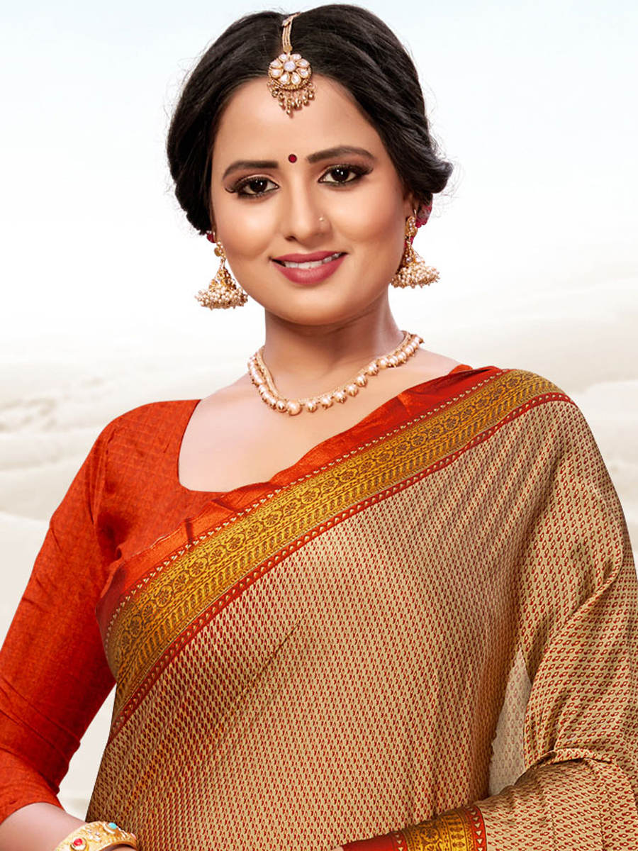 Beige Yellow Crepe Printed Festival Saree