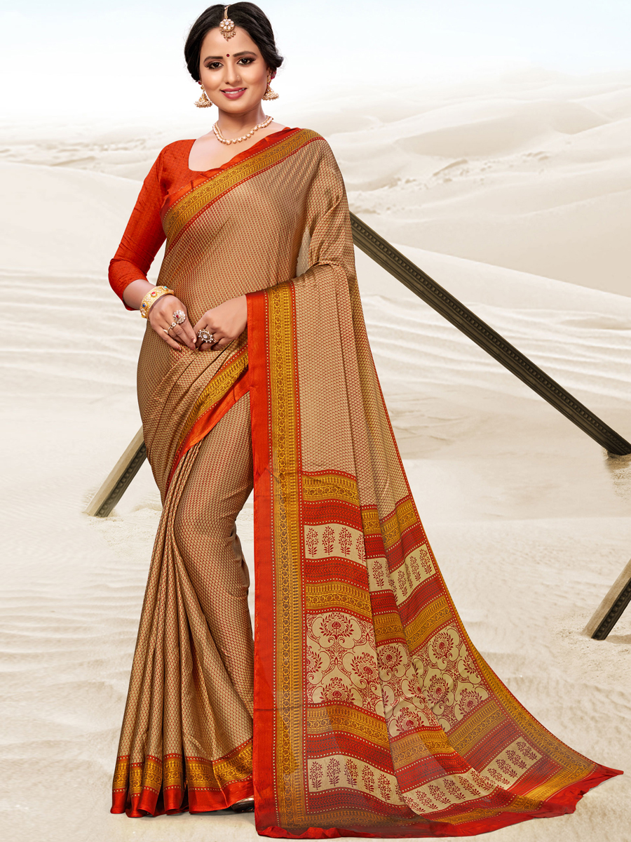 Beige Yellow Crepe Printed Festival Saree