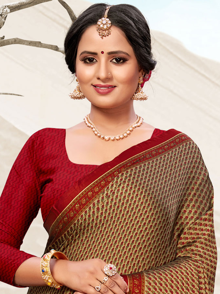 Beige Yellow Crepe Printed Festival Saree