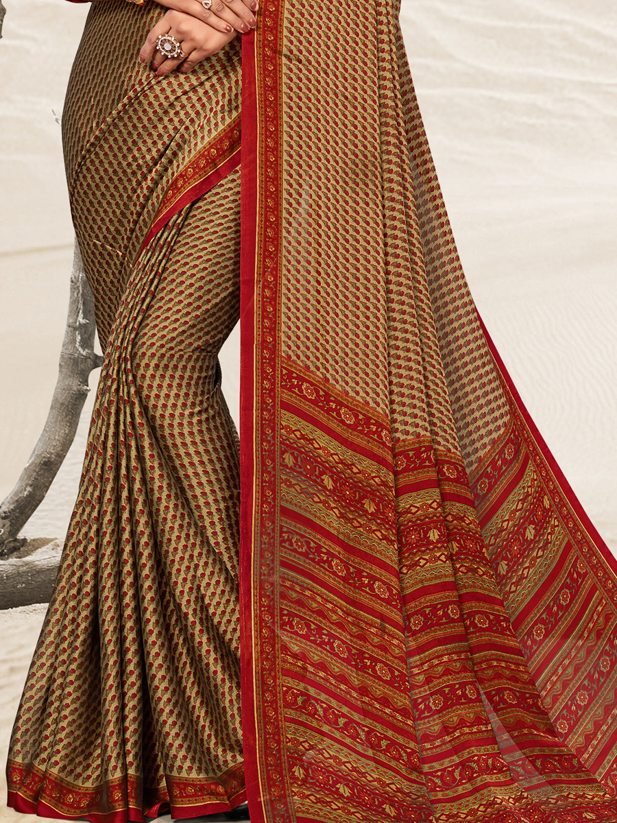 Beige Yellow Crepe Printed Festival Saree