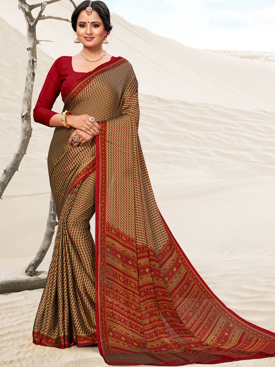 Beige Yellow Crepe Printed Festival Saree