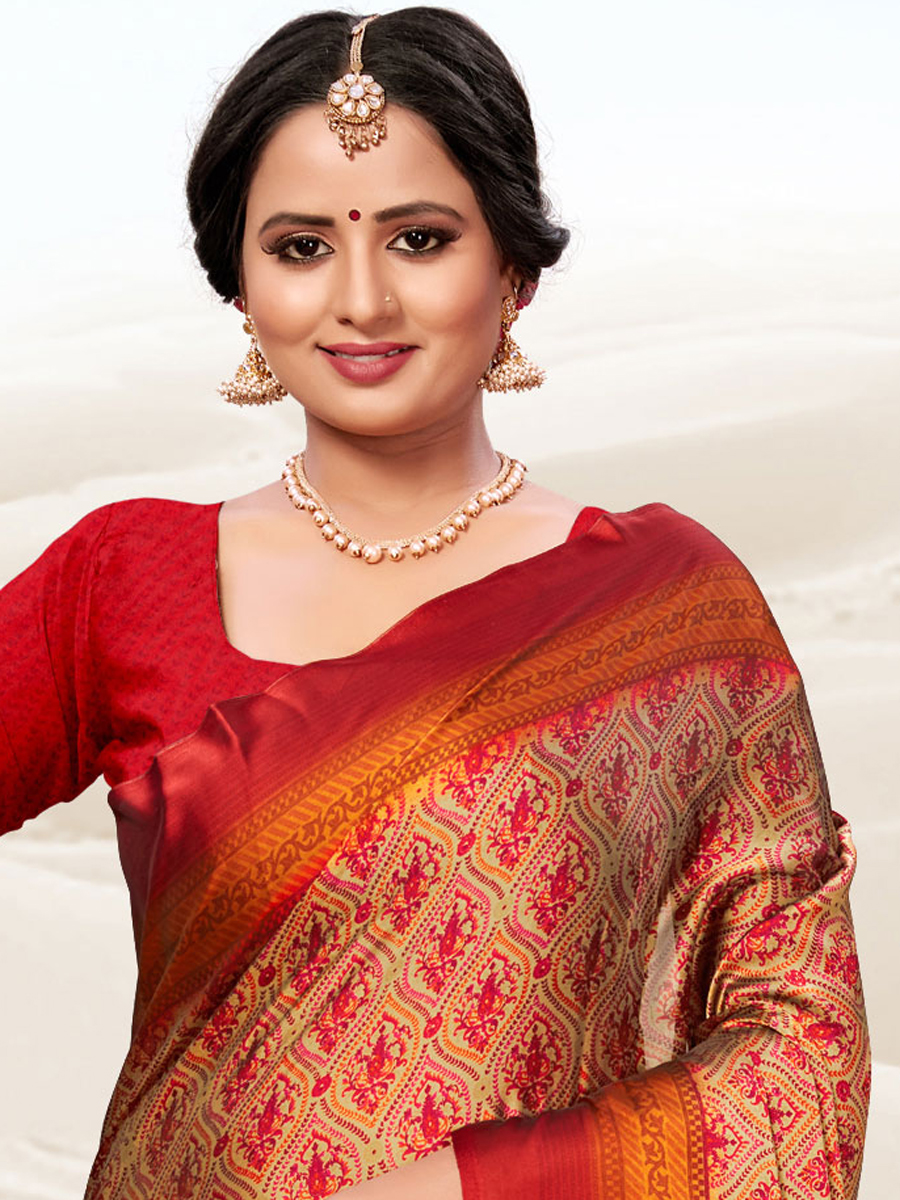 Beige Yellow and Venetian Red Crepe Printed Festival Saree