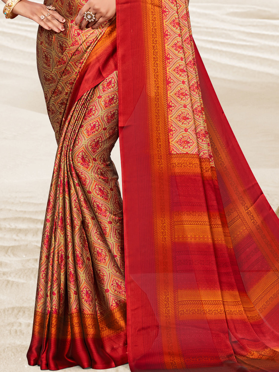 Beige Yellow and Venetian Red Crepe Printed Festival Saree