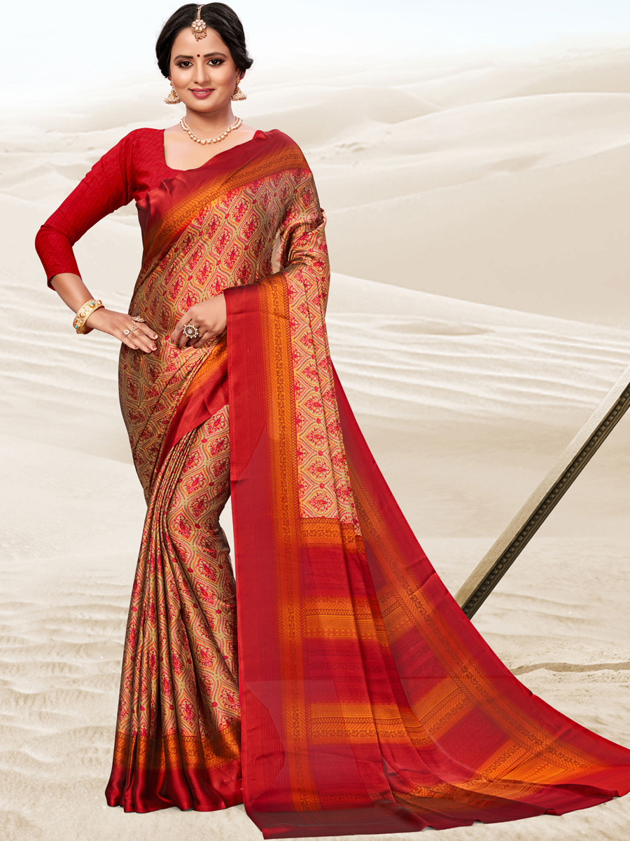 Beige Yellow and Venetian Red Crepe Printed Festival Saree