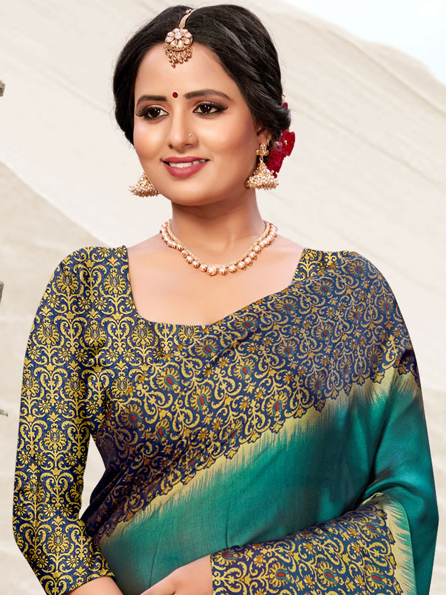 Navy Blue and Jungle Green Crepe Printed Festival Saree
