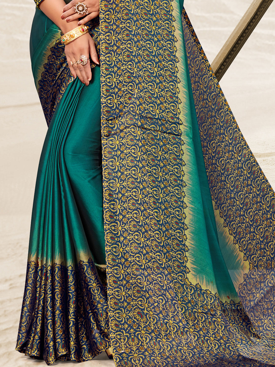 Navy Blue and Jungle Green Crepe Printed Festival Saree