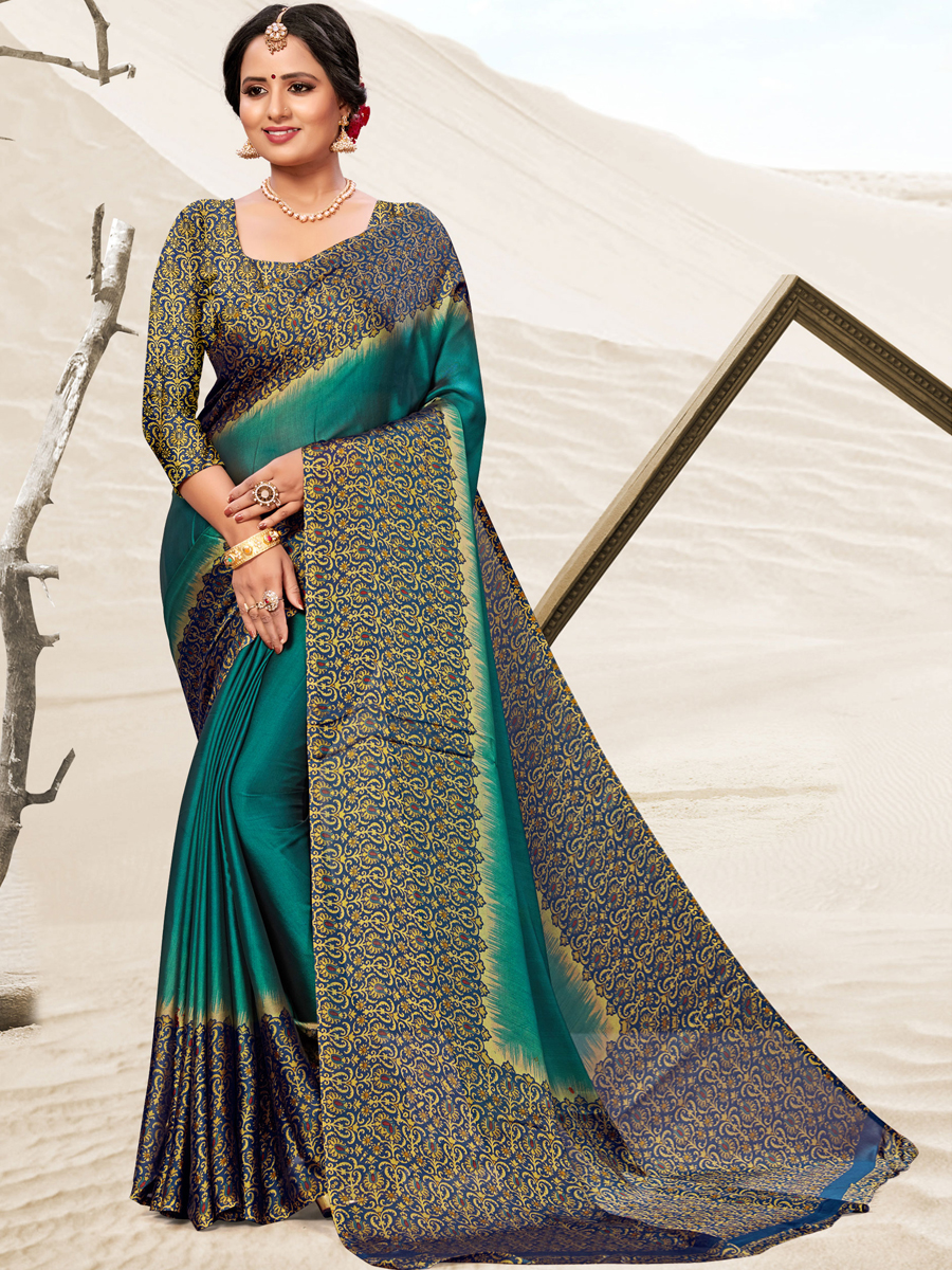 Navy Blue and Jungle Green Crepe Printed Festival Saree