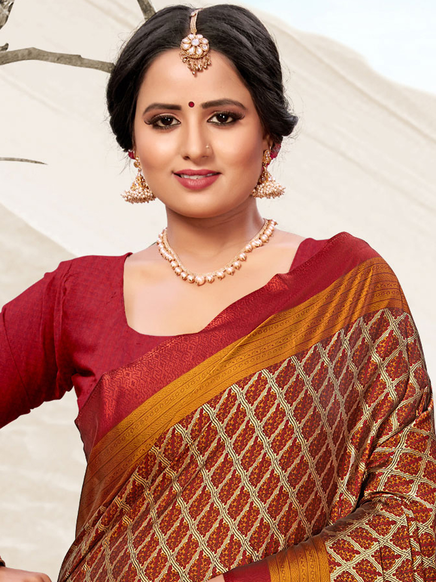 Cream Yellow and Venetian Red Crepe Printed Festival Saree