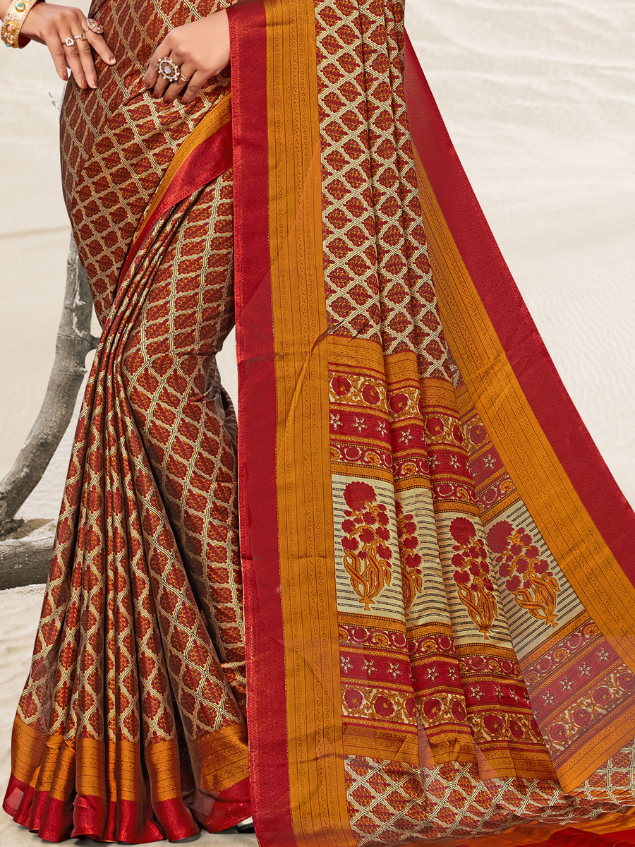 Cream Yellow and Venetian Red Crepe Printed Festival Saree