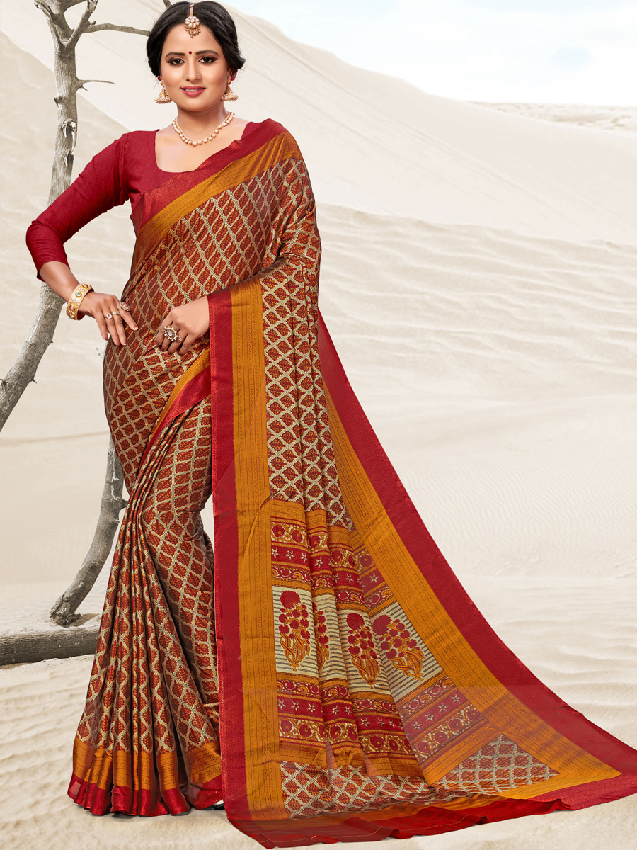 Cream Yellow and Venetian Red Crepe Printed Festival Saree