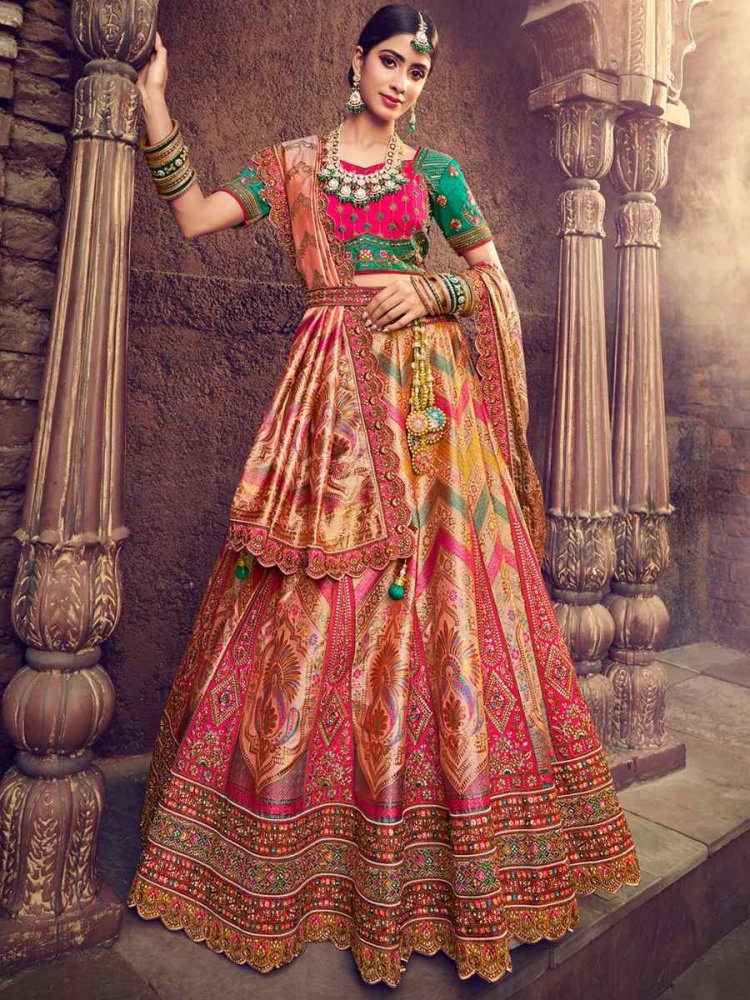 Orange Pure Banarashi Silk Embroidered Bridal Wedding Heavy Border Lehenga Choli