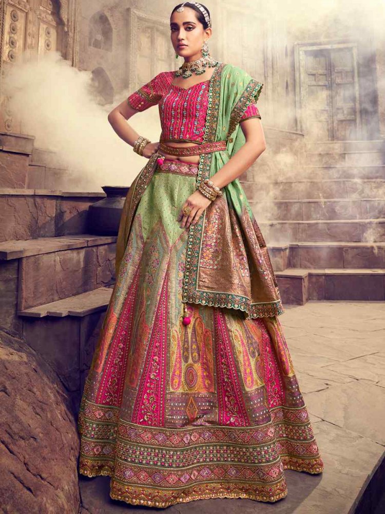 Multi Pure Banarashi Silk Embroidered Bridal Wedding Heavy Border Lehenga Choli