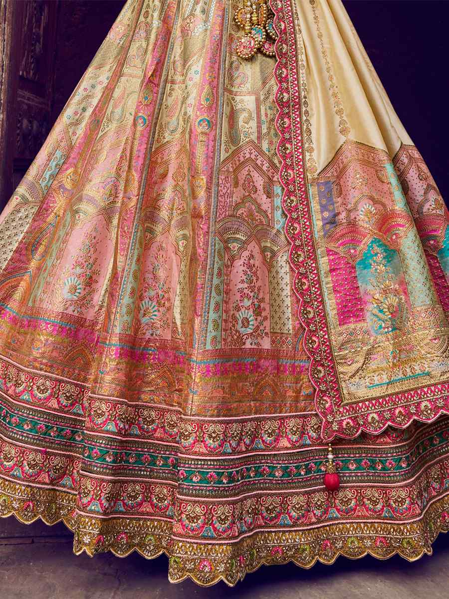 Beige Pure Banarashi Silk Embroidered Bridal Wedding Heavy Border Lehenga Choli