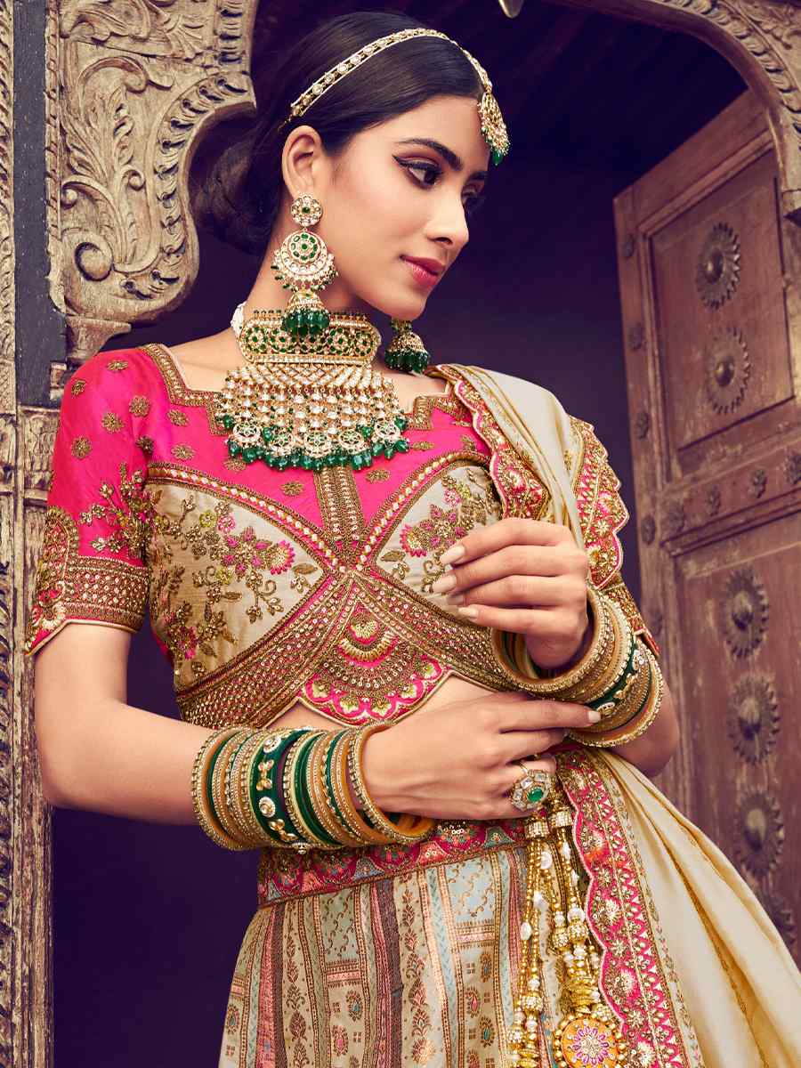 Beige Pure Banarashi Silk Embroidered Bridal Wedding Heavy Border Lehenga Choli