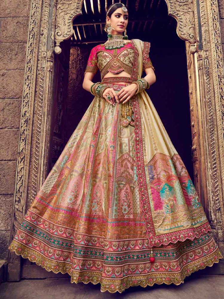 Beige Pure Banarashi Silk Embroidered Bridal Wedding Heavy Border Lehenga Choli