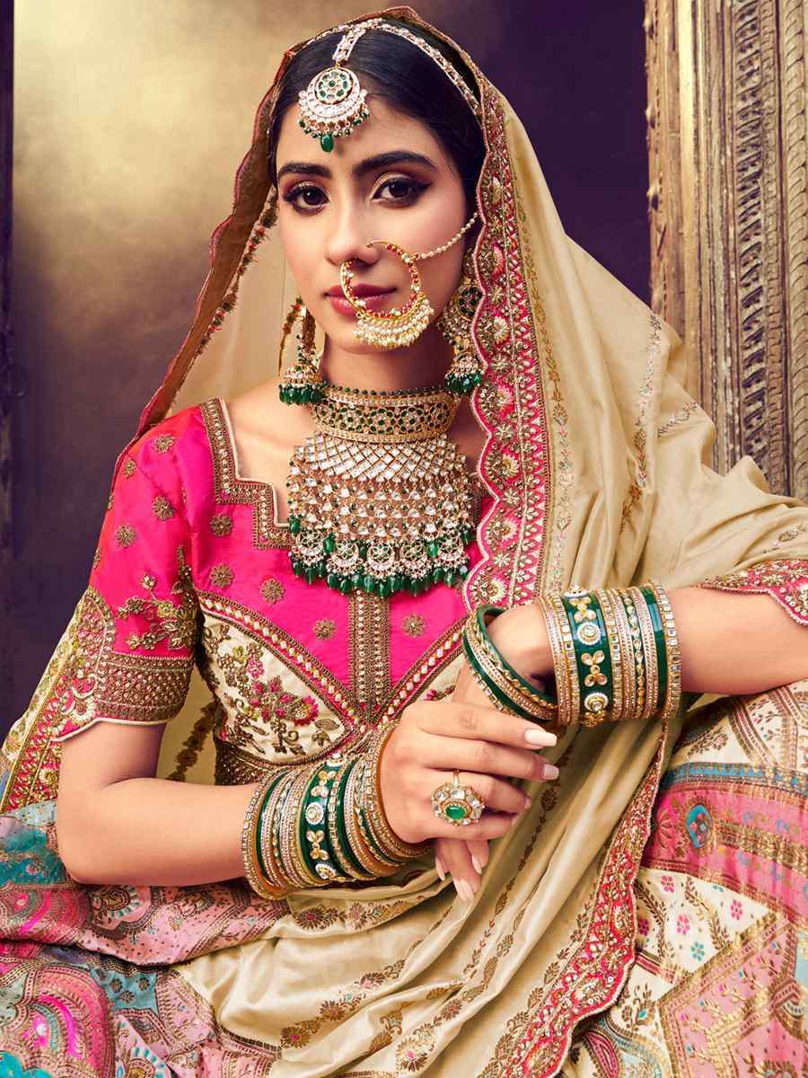 Beige Pure Banarashi Silk Embroidered Bridal Wedding Heavy Border Lehenga Choli