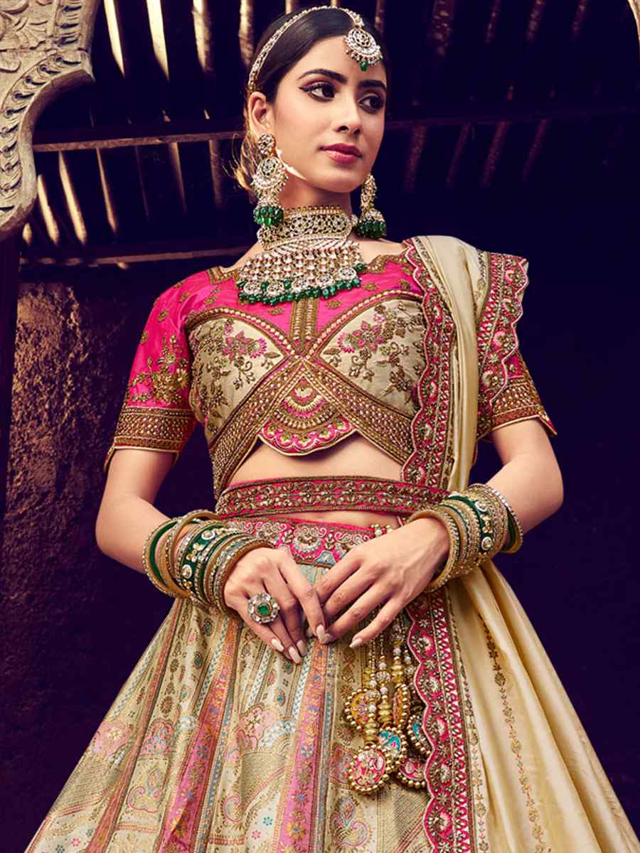 Beige Pure Banarashi Silk Embroidered Bridal Wedding Heavy Border Lehenga Choli
