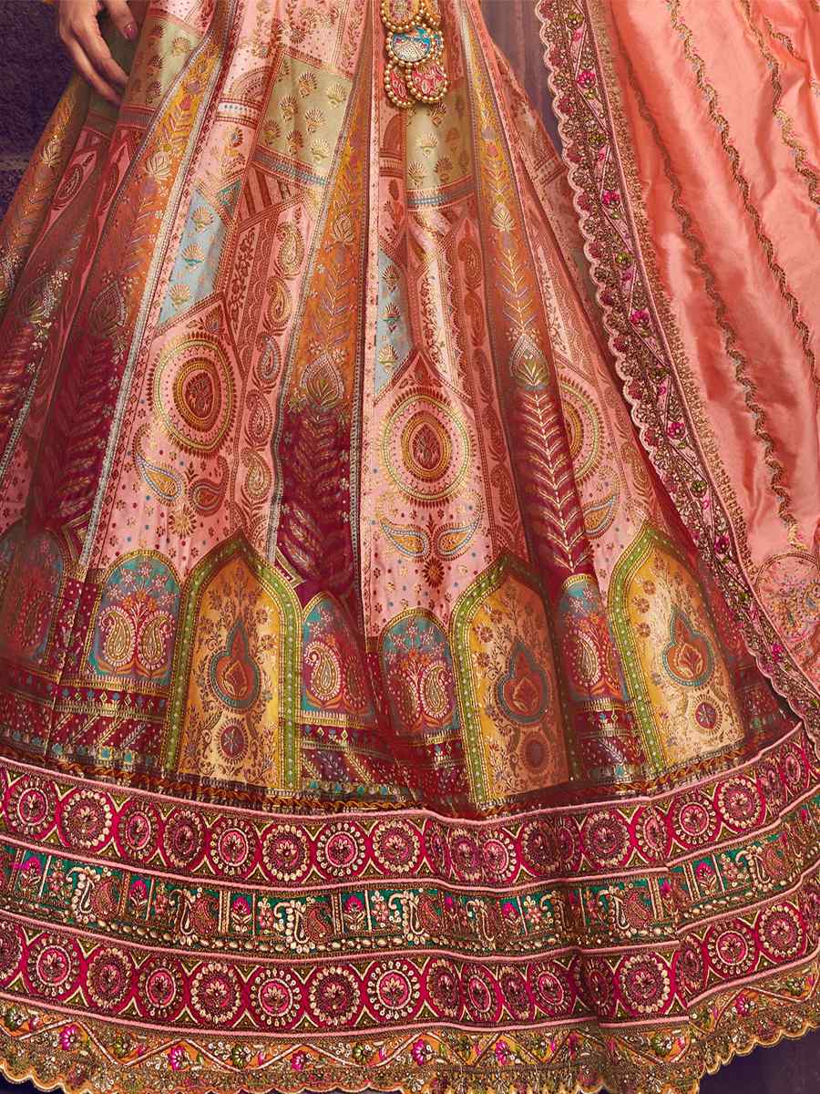 Peach Pure Banarashi Silk Embroidered Bridal Wedding Heavy Border Lehenga Choli