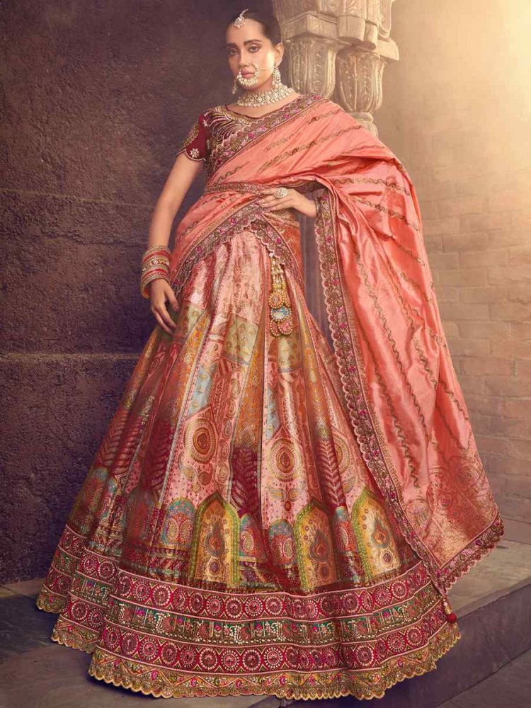 Peach Pure Banarashi Silk Embroidered Bridal Wedding Heavy Border Lehenga Choli