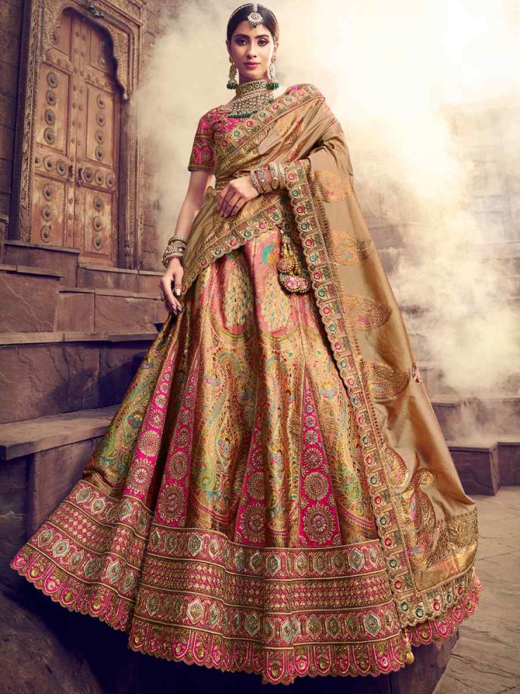 Multi Pure Banarashi Silk Embroidered Bridal Wedding Heavy Border Lehenga Choli