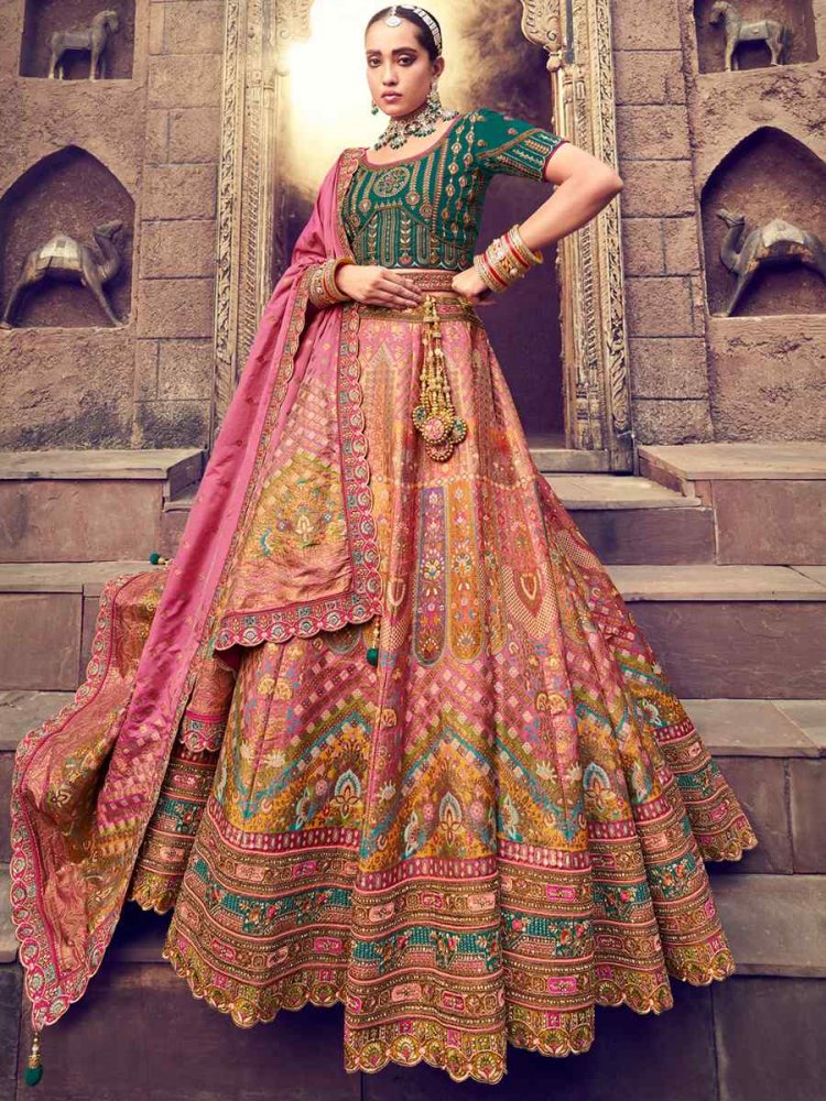 Pink Pure Banarashi Silk Embroidered Bridal Wedding Heavy Border Lehenga Choli