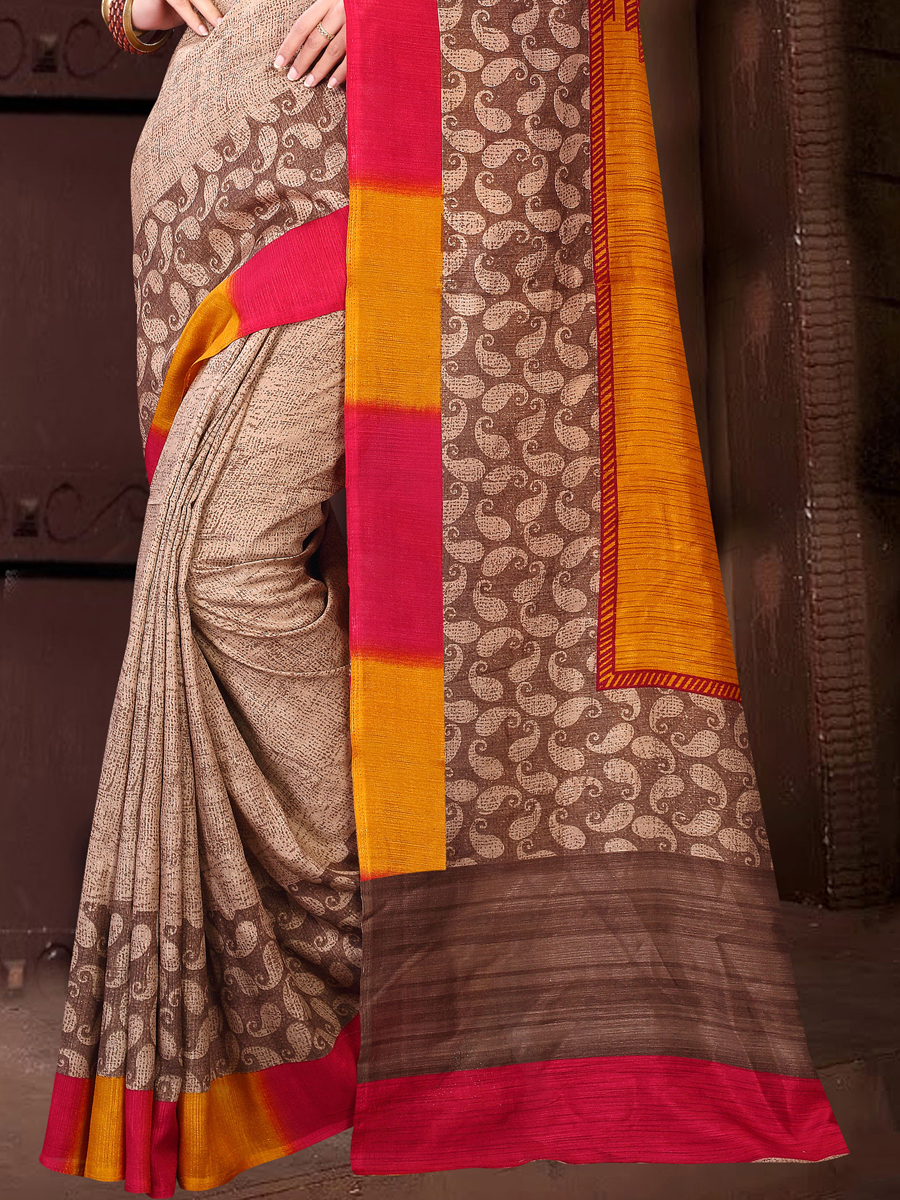 Light Brown and Burnt Orange Silk Printed Casual Saree