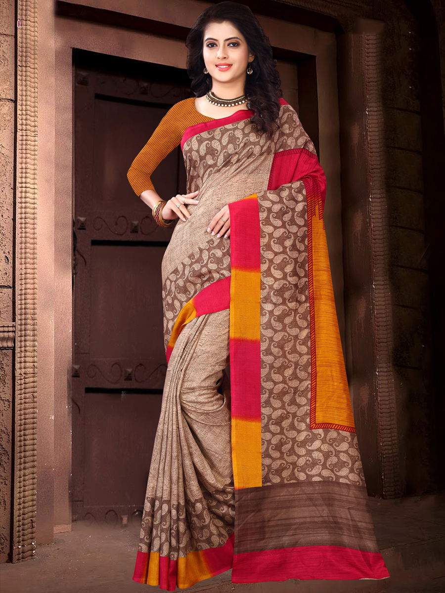 Light Brown and Burnt Orange Silk Printed Casual Saree