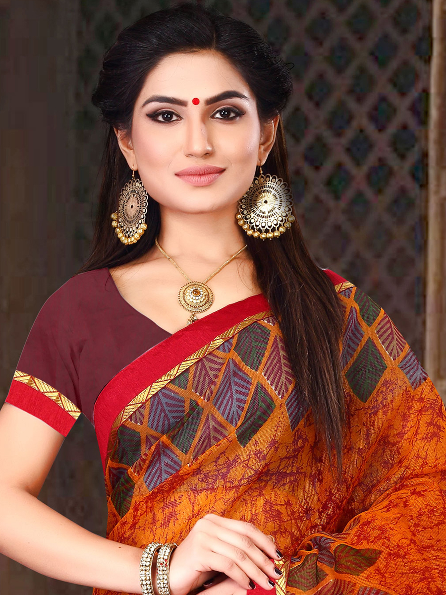 Portland Orange Silk Printed Casual Saree