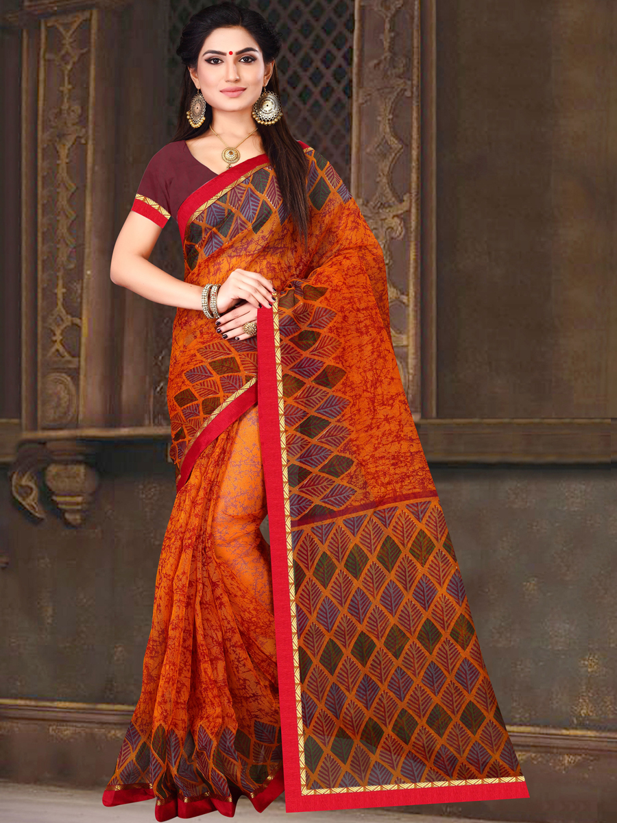 Portland Orange Silk Printed Casual Saree