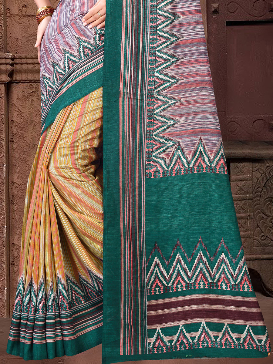 Beige Yellow and Teal Green Silk Printed Casual Saree
