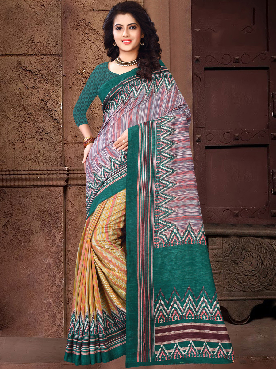 Beige Yellow and Teal Green Silk Printed Casual Saree