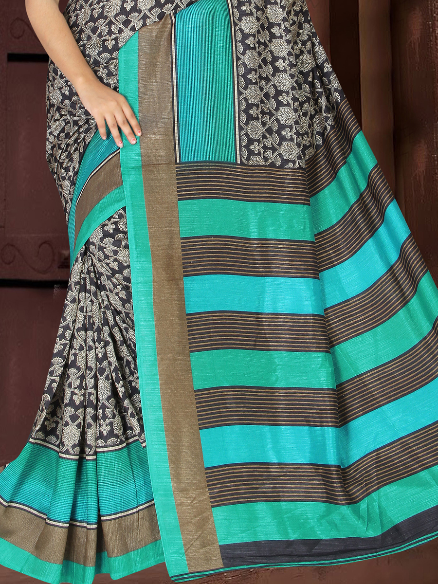 Black and Jungle Green Silk Printed Casual Saree