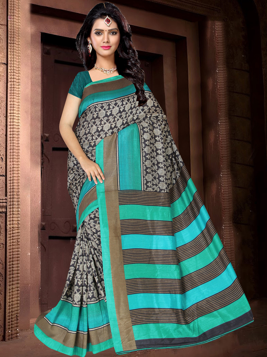 Black and Jungle Green Silk Printed Casual Saree