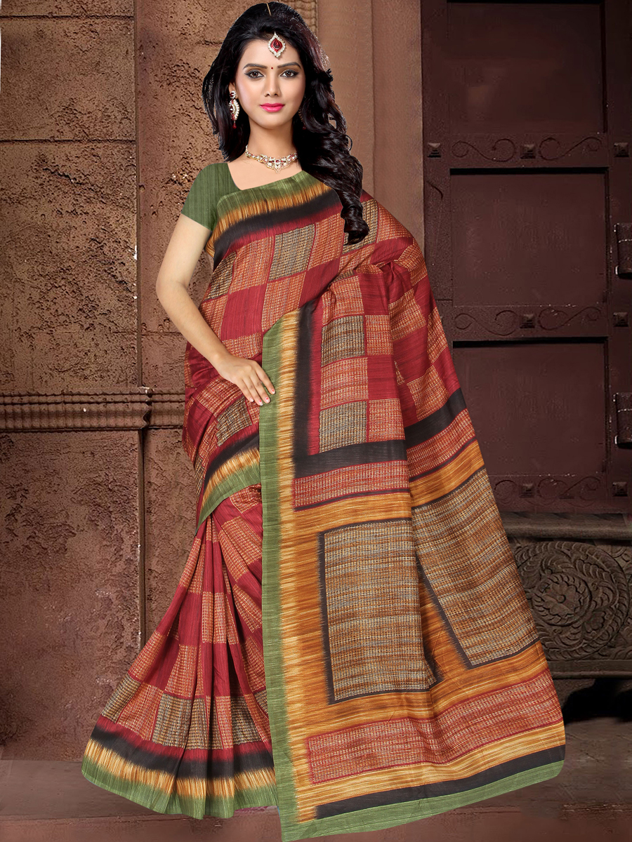 Venetian Red Silk Printed Casual Saree