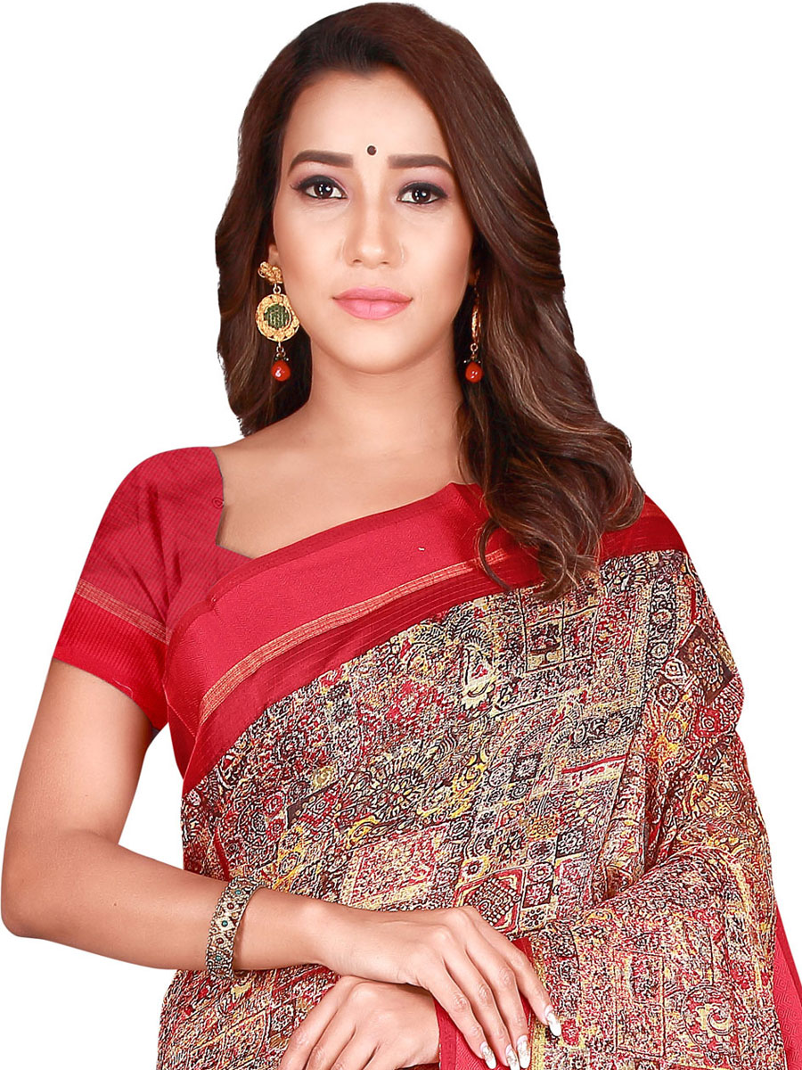 Crimson Red and Cream Yellow Cotton Printed Party Saree