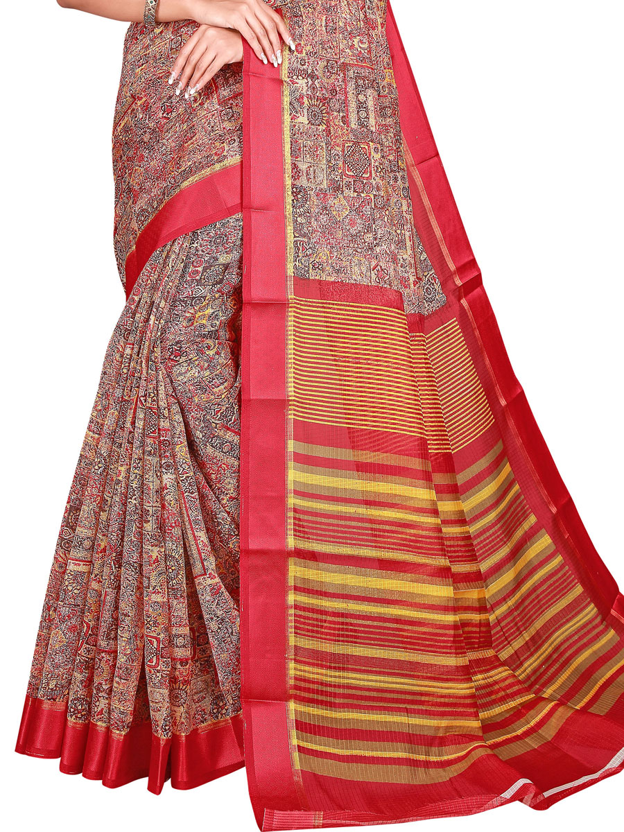 Crimson Red and Cream Yellow Cotton Printed Party Saree